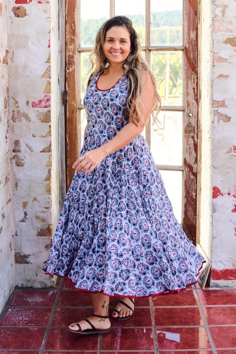 Womens, midi, Flamenco Dress, sleeveless, 100% Cotton, hand block print. Saphire blue - Saphira