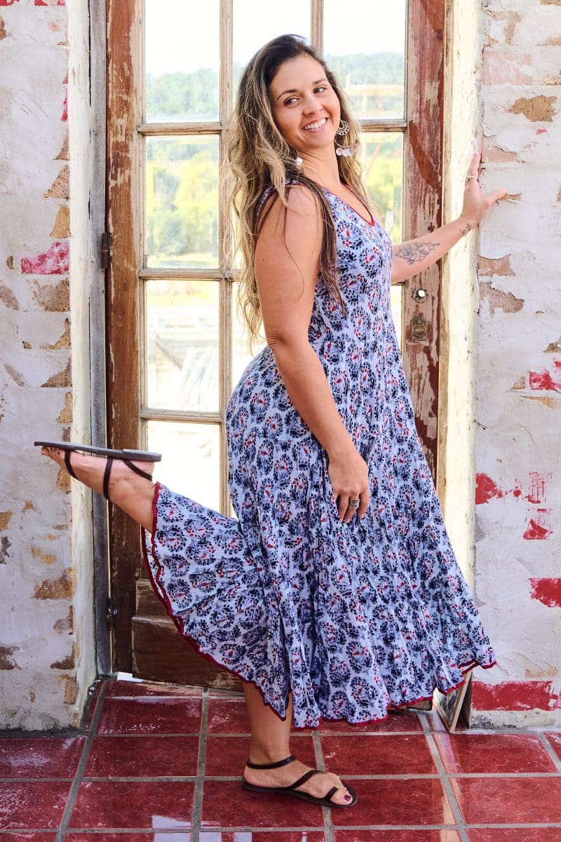 Womens, midi, Flamenco Dress, sleeveless, 100% Cotton, hand block print. Saphire blue - Saphira