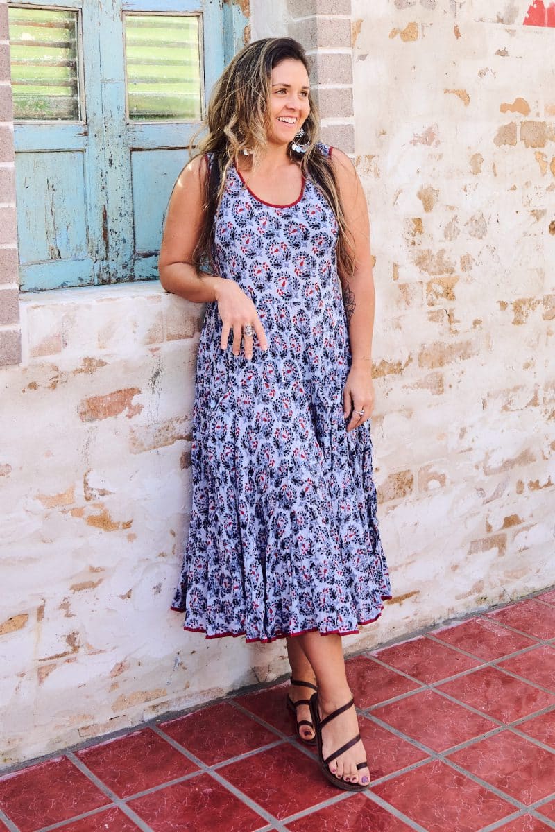 Womens, midi, Flamenco Dress, sleeveless, 100% Cotton, hand block print. Saphire blue - Saphira