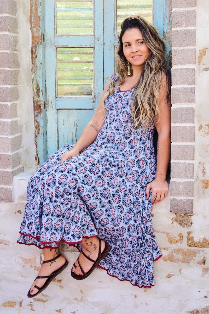 Womens, midi, Flamenco Dress, sleeveless, 100% Cotton, hand block print. Saphire blue - Saphira