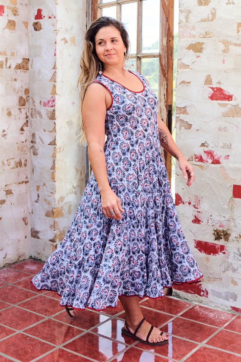 Womens, midi, Flamenco Dress, sleeveless, 100% Cotton, hand block print. Saphire blue - Saphira