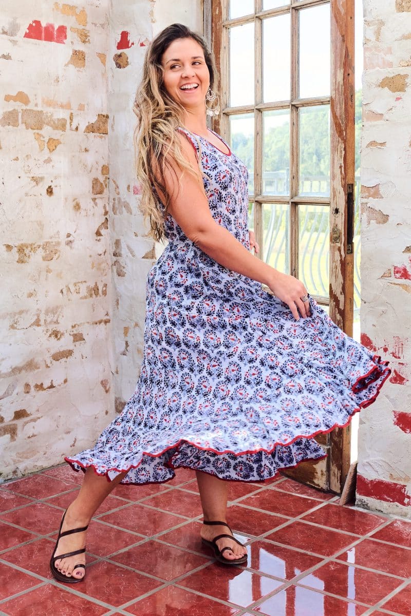 Womens, midi, Flamenco Dress, sleeveless, 100% Cotton, hand block print. Saphire blue - Saphira