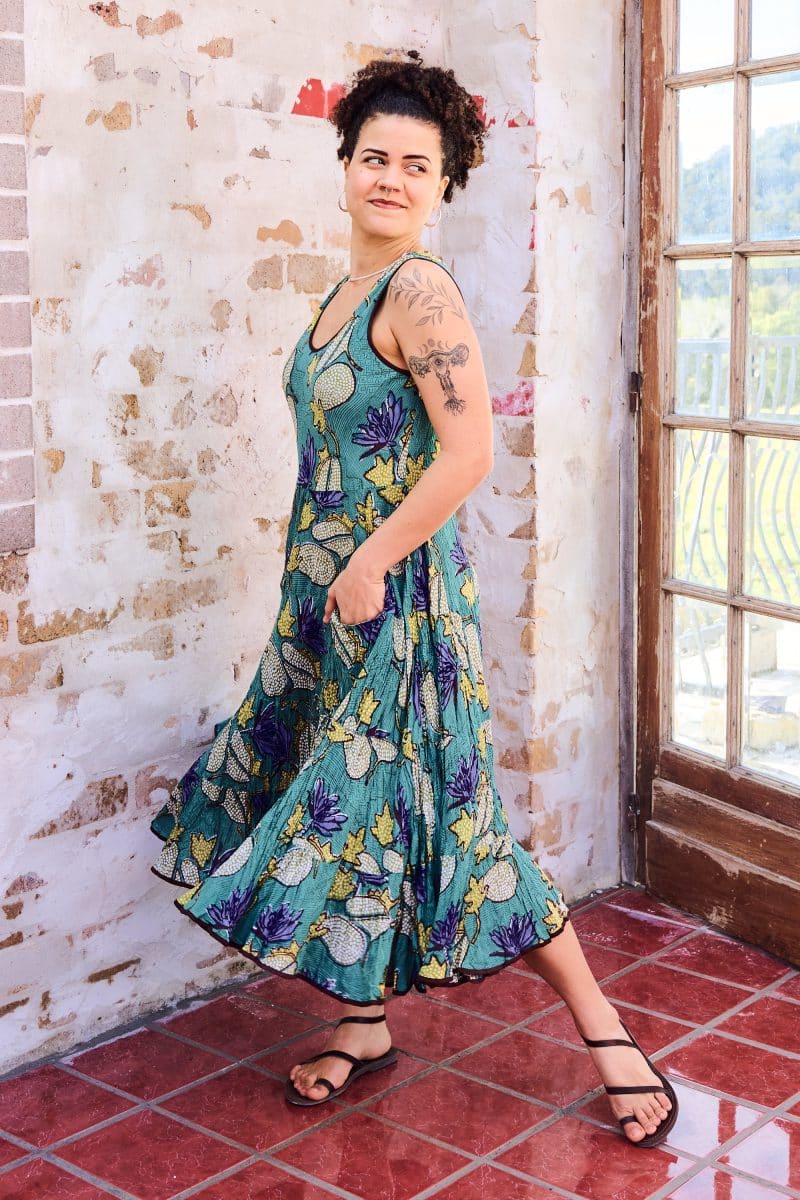 Womens, midi, Flamenco Dress, sleeveless, 100% Cotton, hand block print. Aqua - Lotus Grove