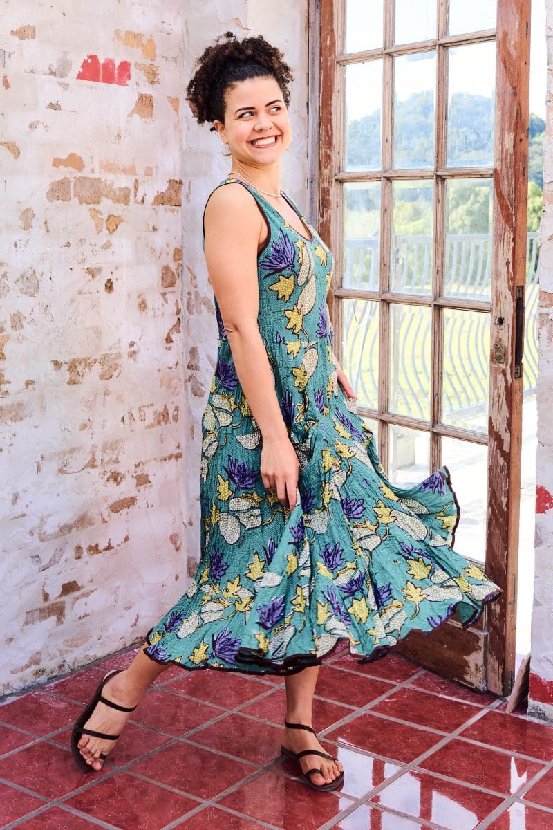 Womens, midi, Flamenco Dress, sleeveless, 100% Cotton, hand block print. Aqua - Lotus Grove