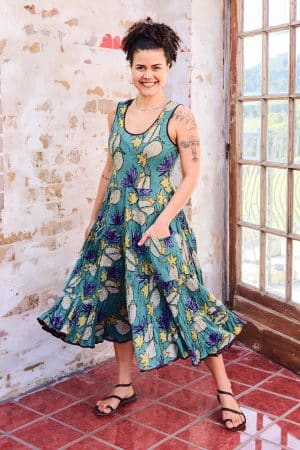 Womens, midi, Flamenco Dress, sleeveless, 100% Cotton, hand block print. Aqua - Lotus Grove