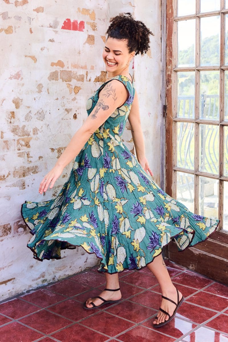 Womens, midi, Flamenco Dress, sleeveless, 100% Cotton, hand block print. Aqua - Lotus Grove