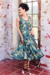 Womens, midi, Flamenco Dress, sleeveless, 100% Cotton, hand block print. Aqua - Lotus Grove