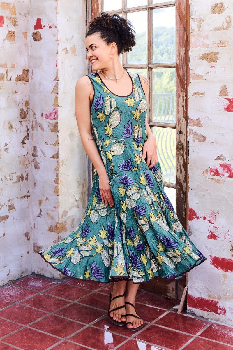 Womens, midi, Flamenco Dress, sleeveless, 100% Cotton, hand block print. Aqua - Lotus Grove