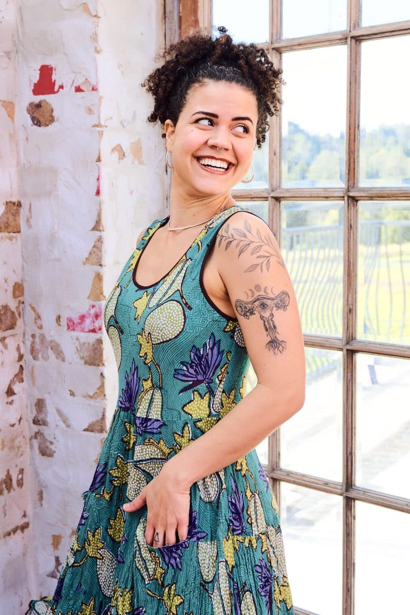Womens, midi, Flamenco Dress, sleeveless, 100% Cotton, hand block print. Aqua - Lotus Grove