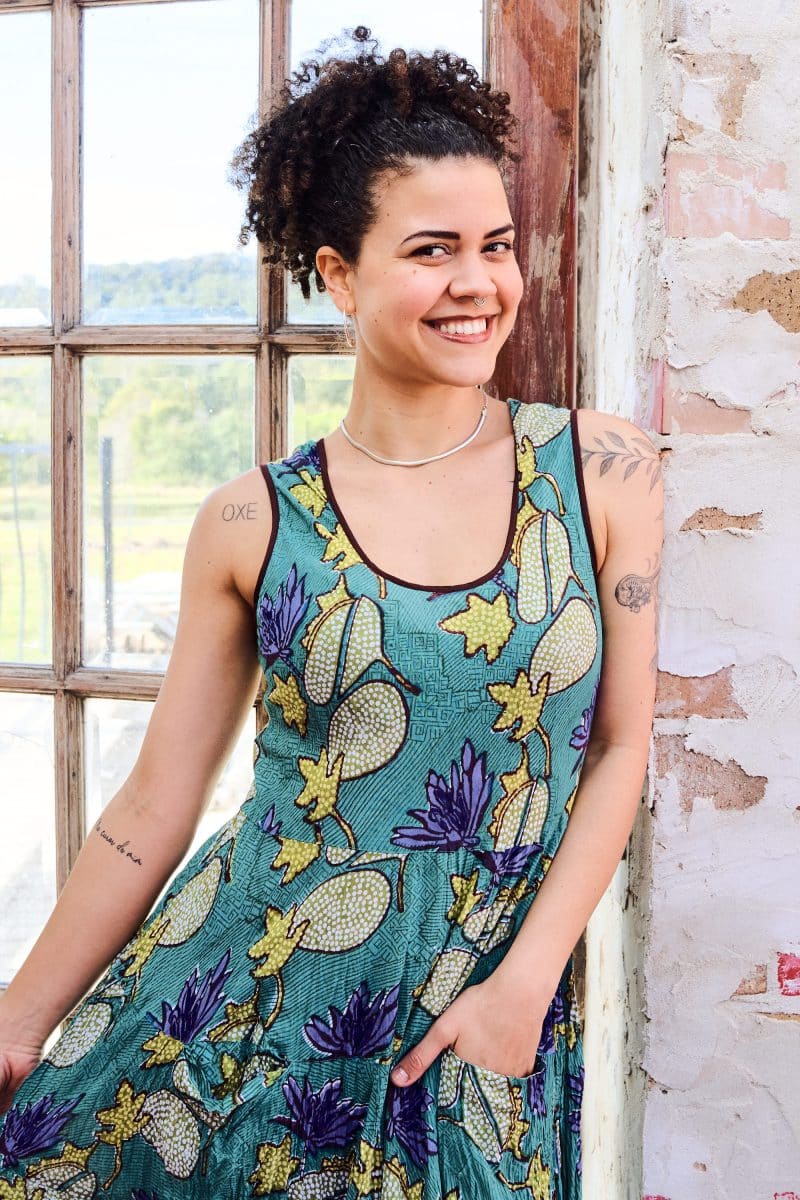Womens, midi, Flamenco Dress, sleeveless, 100% Cotton, hand block print. Aqua - Lotus Grove