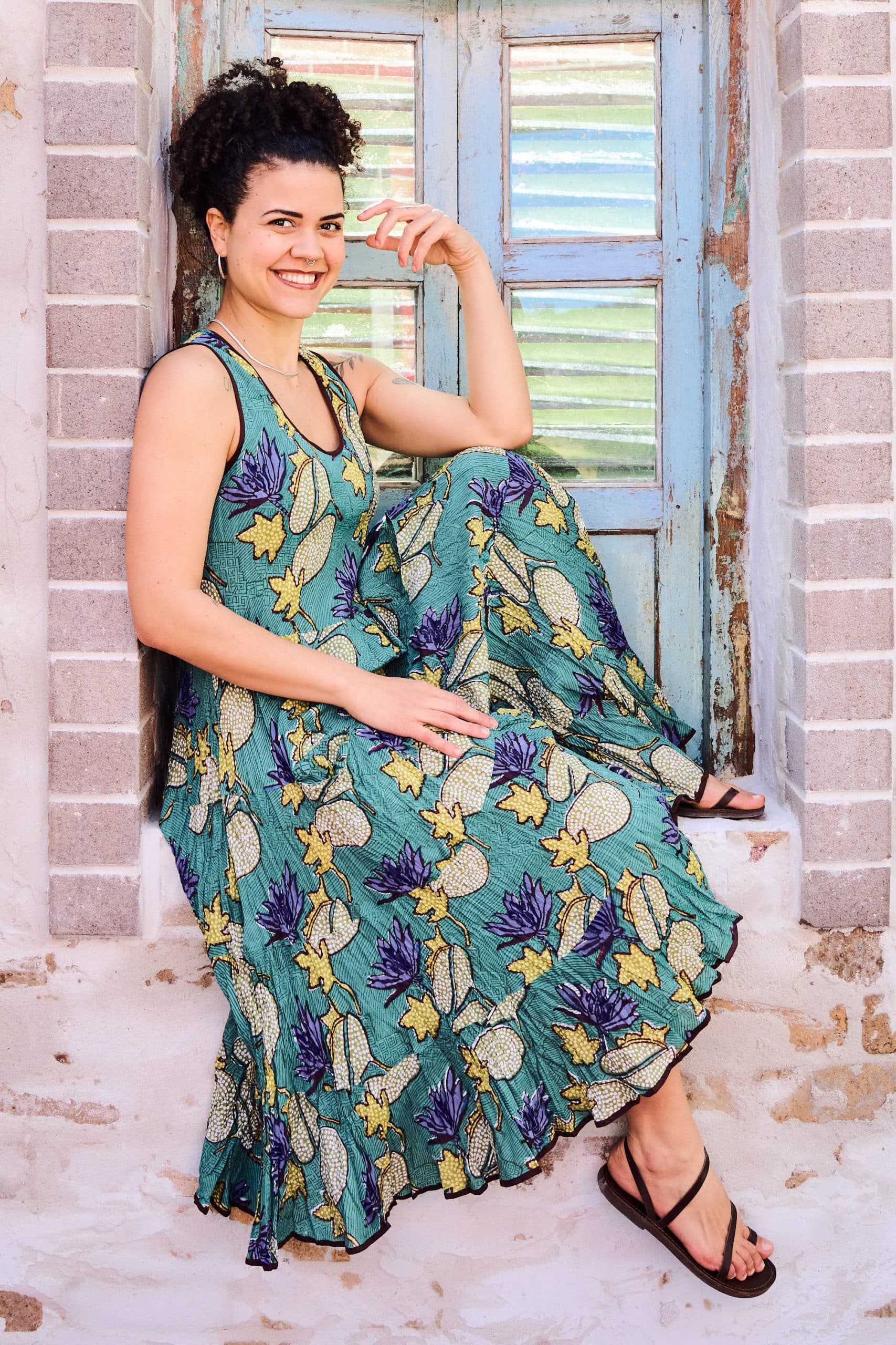 Womens, midi, Flamenco Dress, sleeveless, 100% Cotton, hand block print. Aqua - Lotus Grove
