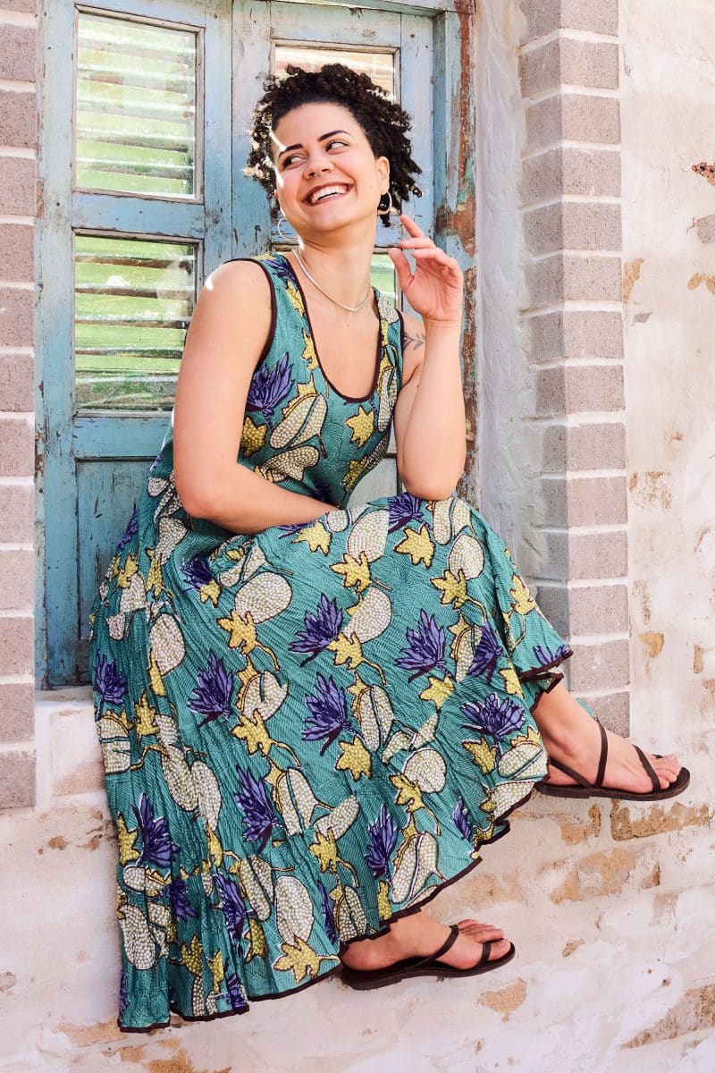 Womens, midi, Flamenco Dress, sleeveless, 100% Cotton, hand block print. Aqua - Lotus Grove