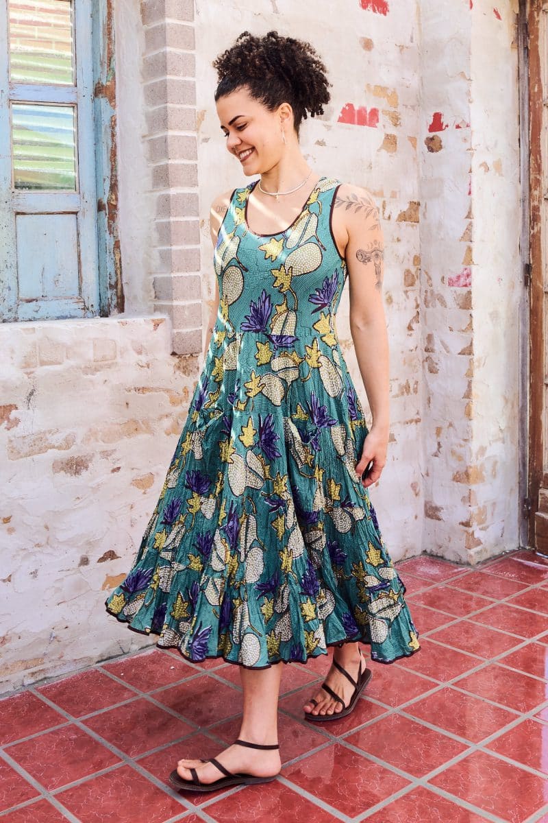 Womens, midi, Flamenco Dress, sleeveless, 100% Cotton, hand block print. Aqua - Lotus Grove