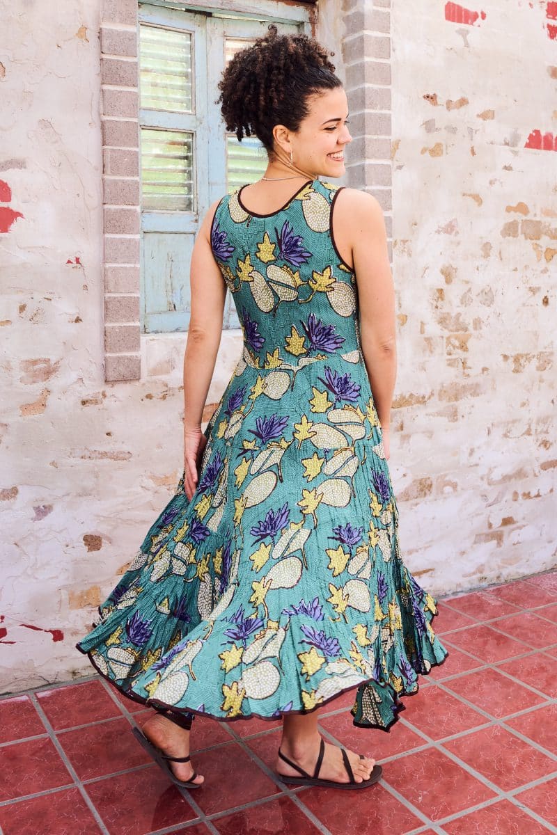 Womens, midi, Flamenco Dress, sleeveless, 100% Cotton, hand block print. Aqua - Lotus Grove