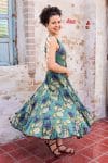 Womens, midi, Flamenco Dress, sleeveless, 100% Cotton, hand block print. Aqua - Lotus Grove