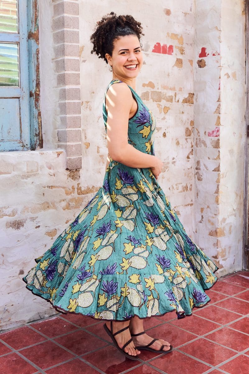 Womens, midi, Flamenco Dress, sleeveless, 100% Cotton, hand block print. Aqua - Lotus Grove