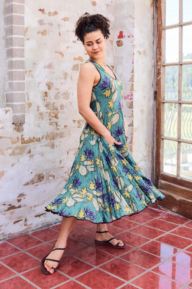 Womens, midi, Flamenco Dress, sleeveless, 100% Cotton, hand block print. Aqua - Lotus Grove