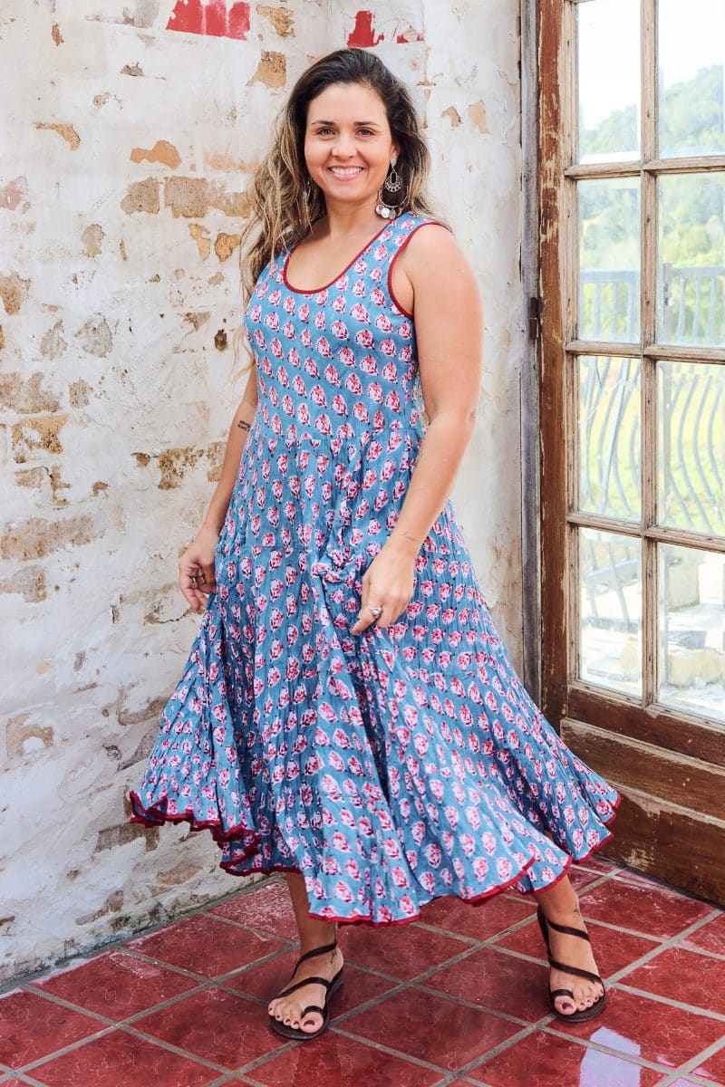 Womens, midi, Flamenco Dress, sleeveless, 100% Cotton, hand block print. Blue with Pink & Red - Blue Gem