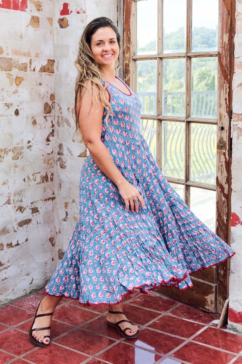 Womens, midi, Flamenco Dress, sleeveless, 100% Cotton, hand block print. Blue with Pink & Red - Blue Gem