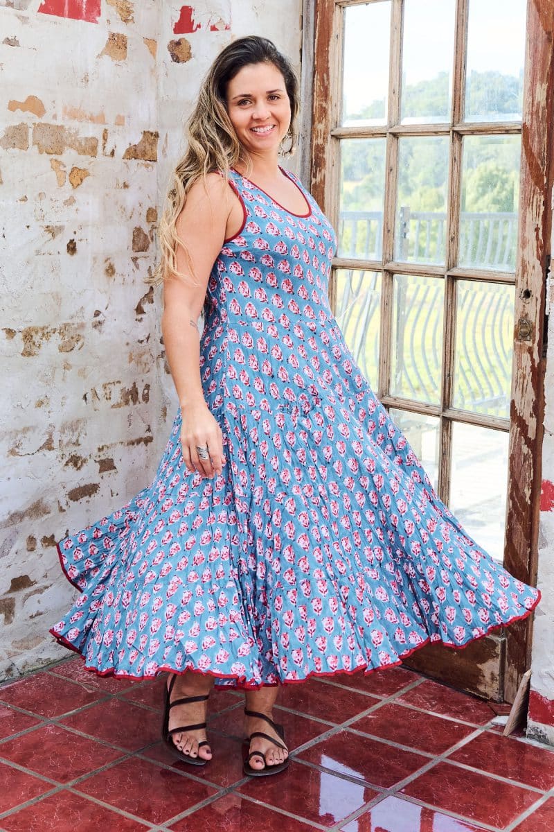 Womens, midi, Flamenco Dress, sleeveless, 100% Cotton, hand block print. Blue with Pink & Red - Blue Gem