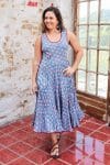 Womens, midi, Flamenco Dress, sleeveless, 100% Cotton, hand block print. Blue with Pink & Red - Blue Gem