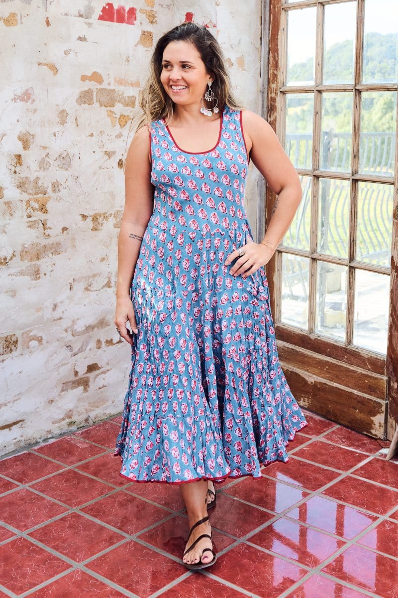 Womens, midi, Flamenco Dress, sleeveless, 100% Cotton, hand block print. Blue with Pink & Red - Blue Gem