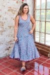 Womens, midi, Flamenco Dress, sleeveless, 100% Cotton, hand block print. Blue with Pink & Red - Blue Gem