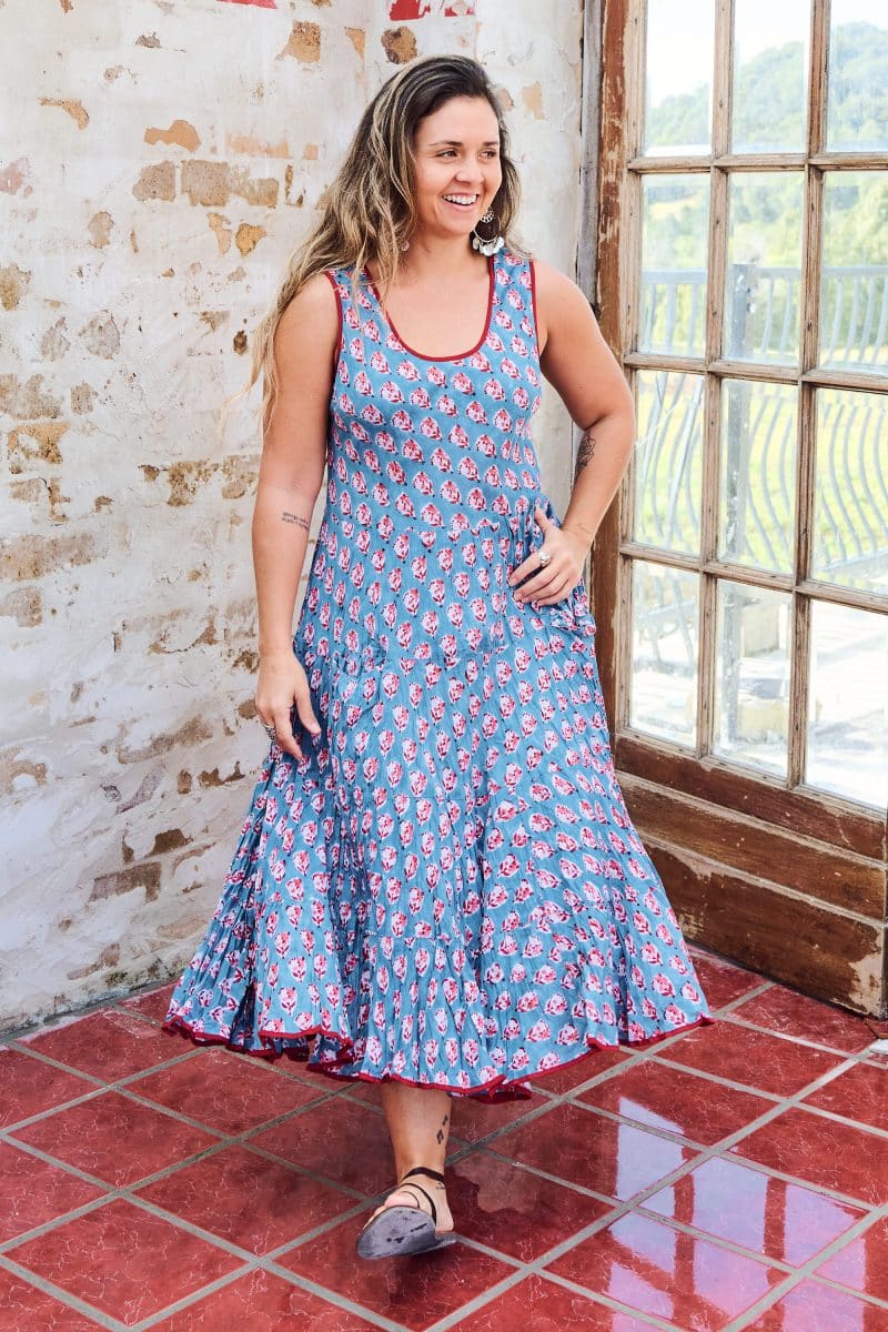 Womens, midi, Flamenco Dress, sleeveless, 100% Cotton, hand block print. Blue with Pink & Red - Blue Gem