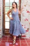 Womens, midi, Flamenco Dress, sleeveless, 100% Cotton, hand block print. Blue with Pink & Red - Blue Gem