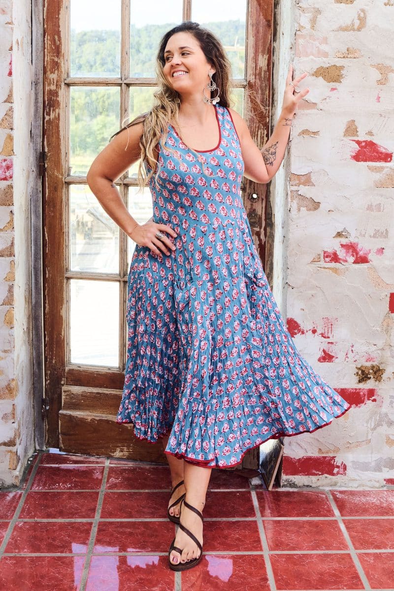 Womens, midi, Flamenco Dress, sleeveless, 100% Cotton, hand block print. Blue with Pink & Red - Blue Gem