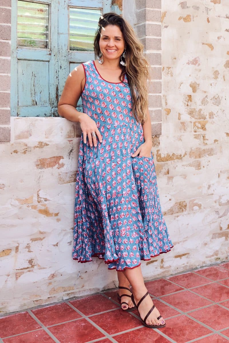 Womens, midi, Flamenco Dress, sleeveless, 100% Cotton, hand block print. Blue with Pink & Red - Blue Gem