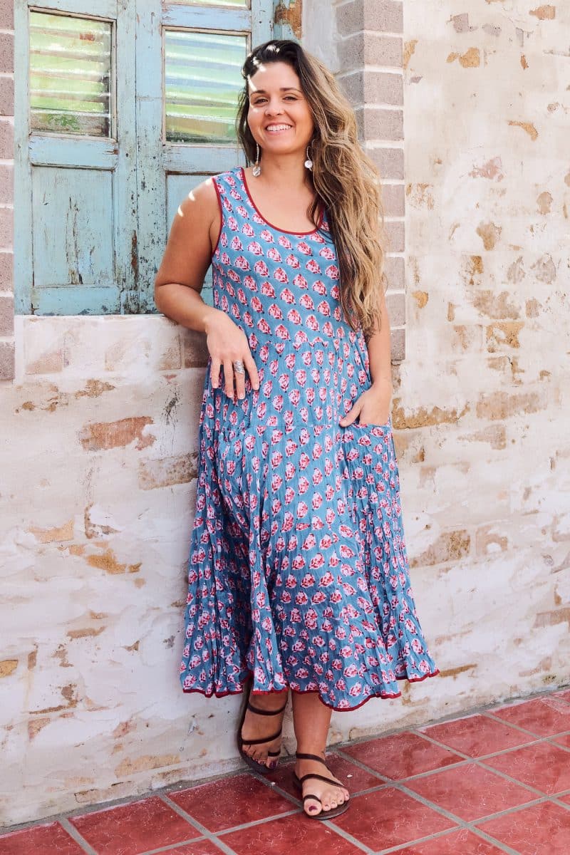 Womens, midi, Flamenco Dress, sleeveless, 100% Cotton, hand block print. Blue with Pink & Red - Blue Gem