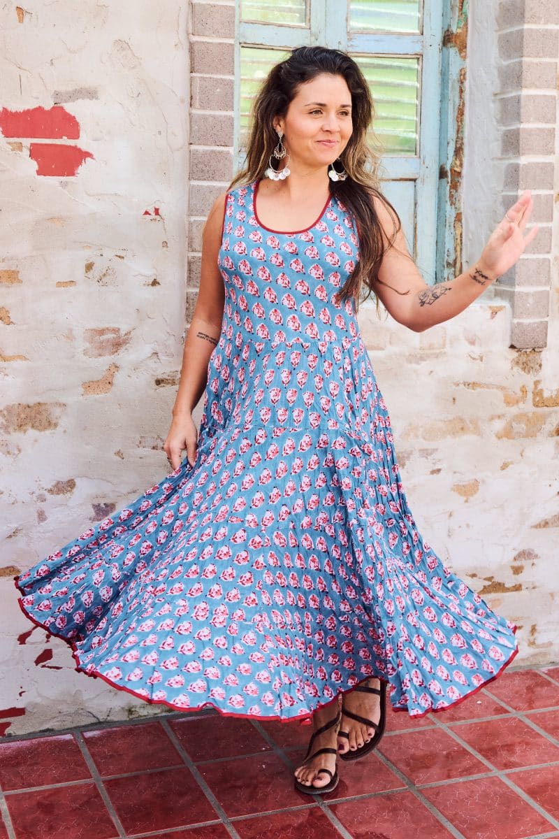 Womens, midi, Flamenco Dress, sleeveless, 100% Cotton, hand block print. Blue with Pink & Red - Blue Gem