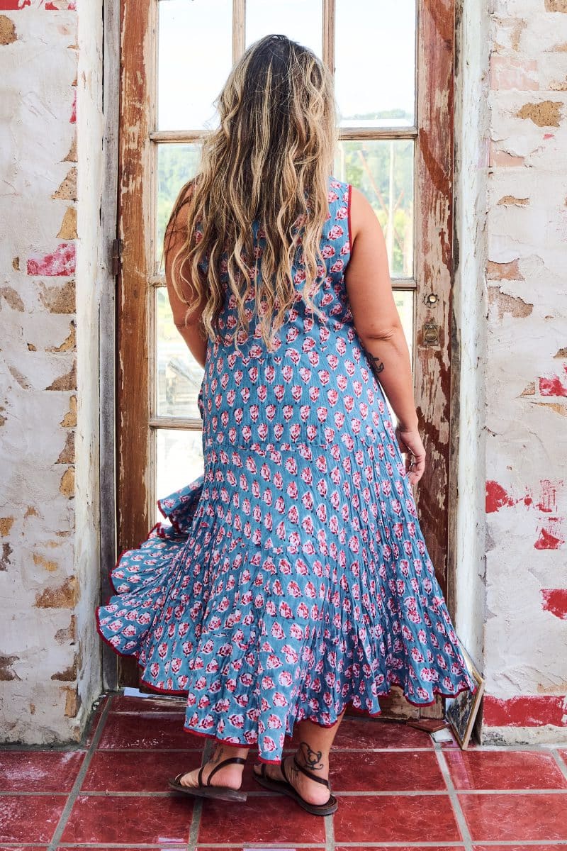 Womens, midi, Flamenco Dress, sleeveless, 100% Cotton, hand block print. Blue with Pink & Red - Blue Gem