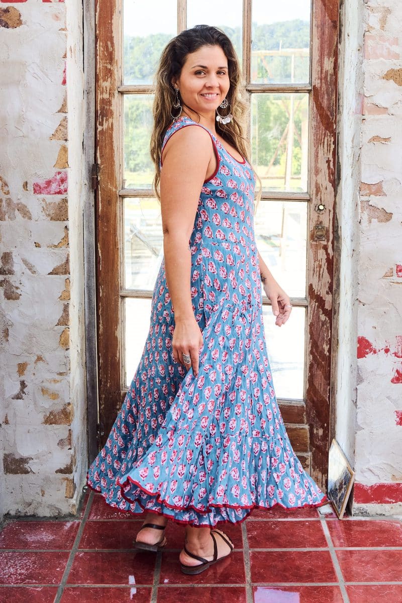 Womens, midi, Flamenco Dress, sleeveless, 100% Cotton, hand block print. Blue with Pink & Red - Blue Gem
