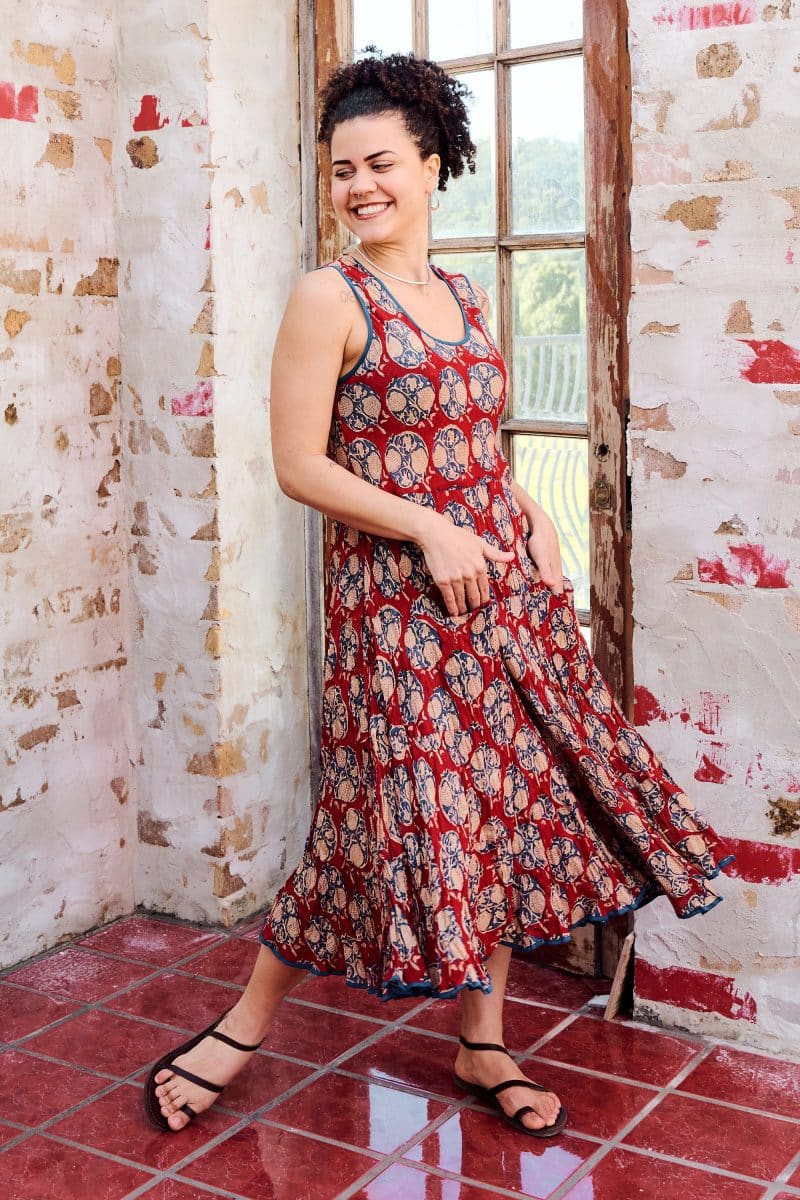Womens, midi, Flamenco Dress, sleeveless, 100% Cotton, hand block print. Red - Pomeray