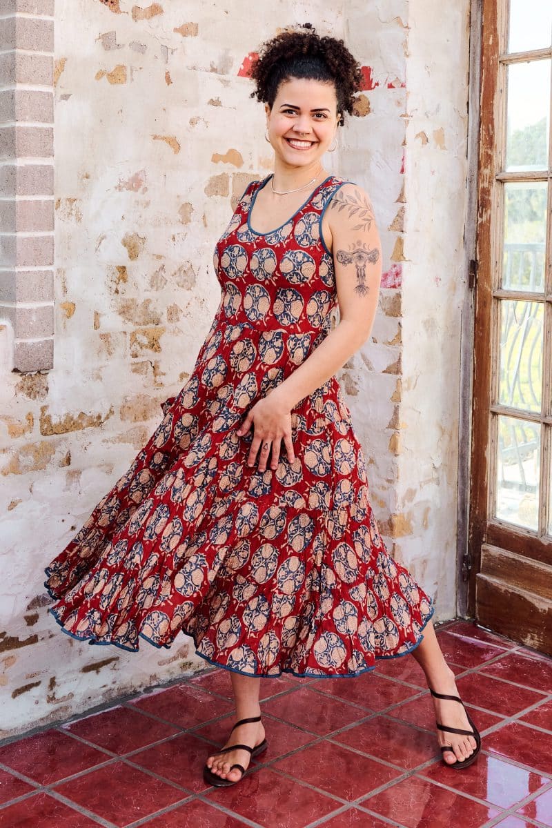 Womens, midi, Flamenco Dress, sleeveless, 100% Cotton, hand block print. Red - Pomeray