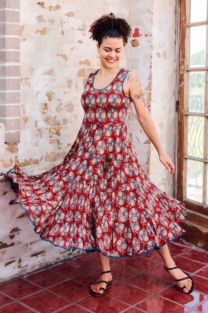 Womens, midi, Flamenco Dress, sleeveless, 100% Cotton, hand block print. Red - Pomeray