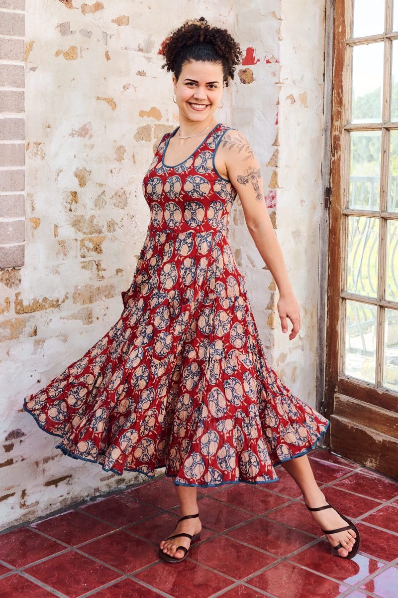 Womens, midi, Flamenco Dress, sleeveless, 100% Cotton, hand block print. Red - Pomeray