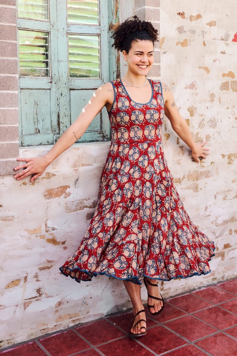 Womens, midi, Flamenco Dress, sleeveless, 100% Cotton, hand block print. Red - Pomeray