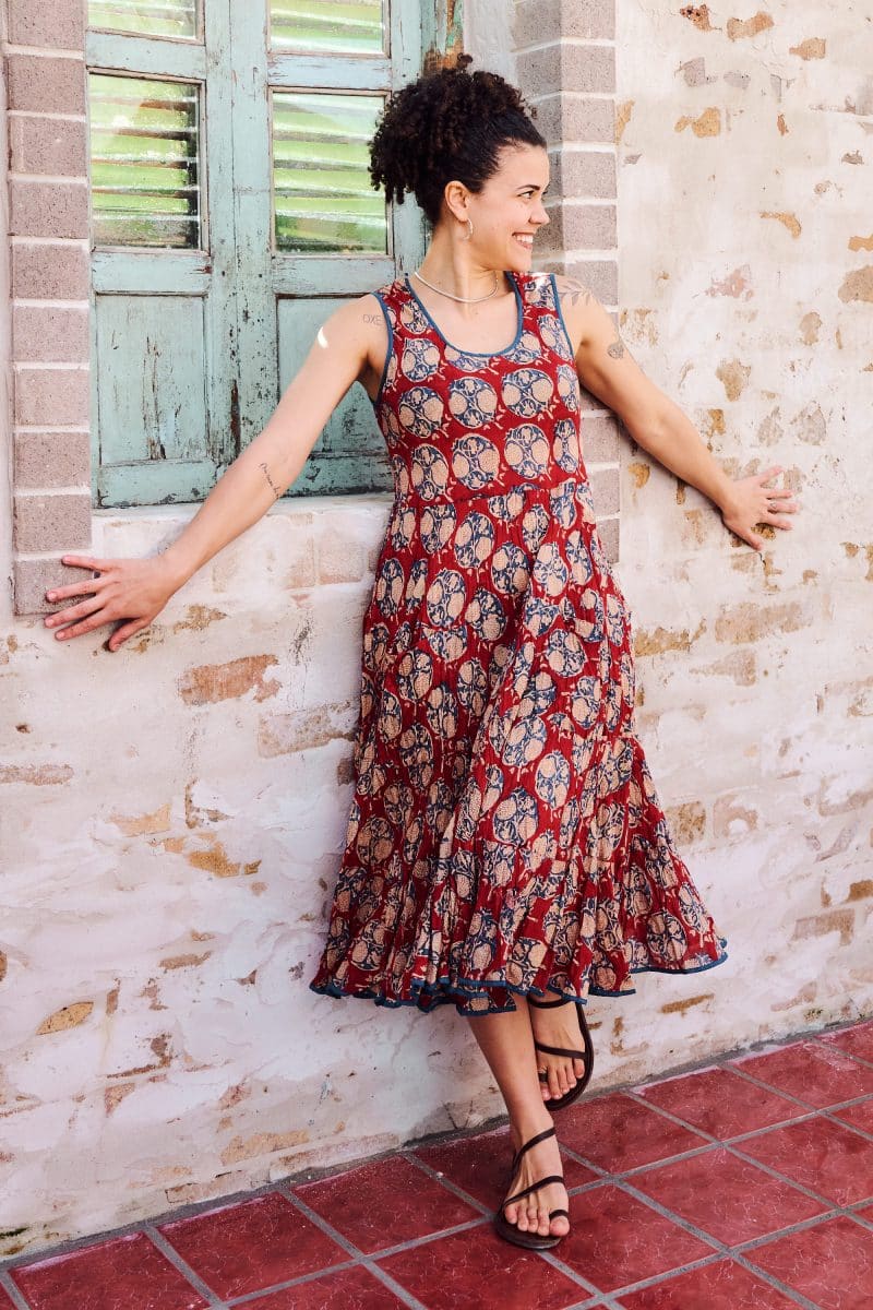 Womens, midi, Flamenco Dress, sleeveless, 100% Cotton, hand block print. Red - Pomeray