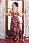 Womens, midi, Flamenco Dress, sleeveless, 100% Cotton, hand block print. Red - Pomeray