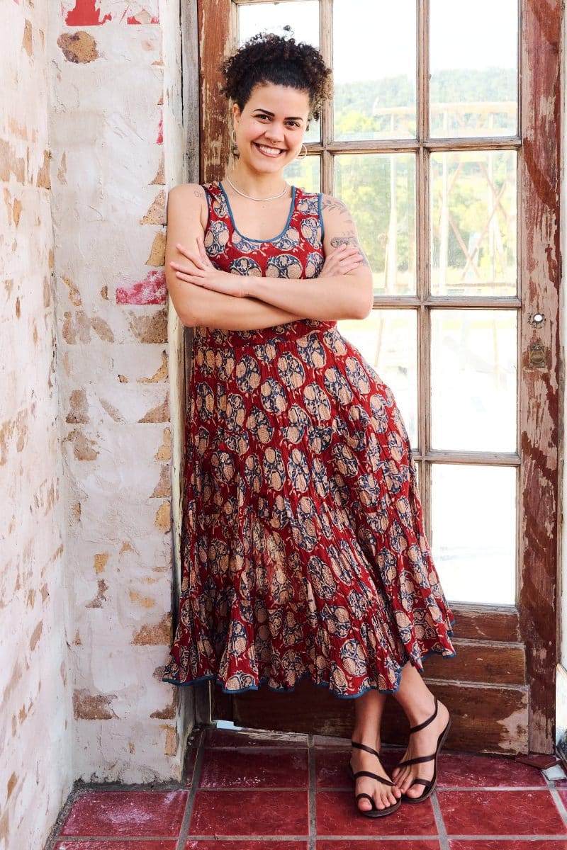 Womens, midi, Flamenco Dress, sleeveless, 100% Cotton, hand block print. Red - Pomeray