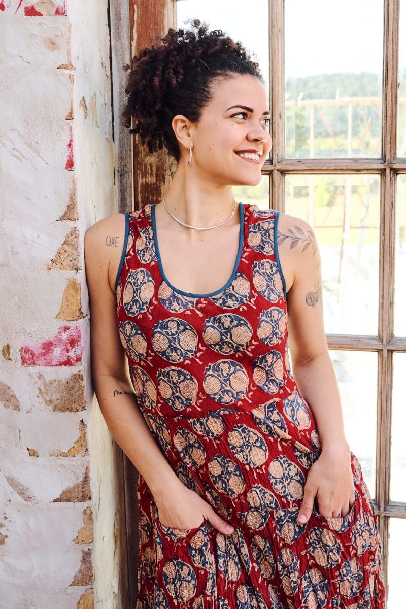 Womens, midi, Flamenco Dress, sleeveless, 100% Cotton, hand block print. Red - Pomeray