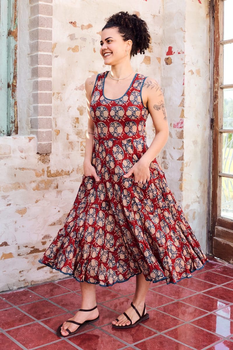 Womens, midi, Flamenco Dress, sleeveless, 100% Cotton, hand block print. Red - Pomeray