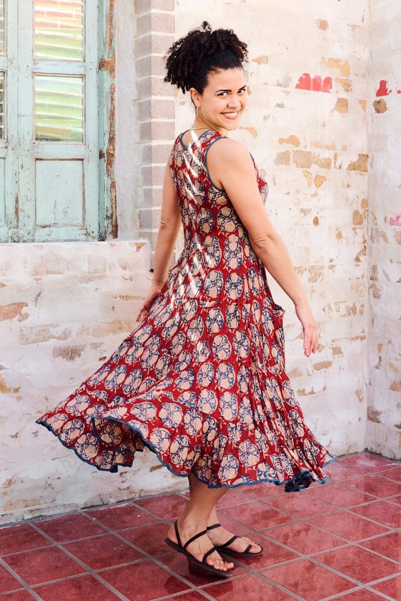 Womens, midi, Flamenco Dress, sleeveless, 100% Cotton, hand block print. Red - Pomeray