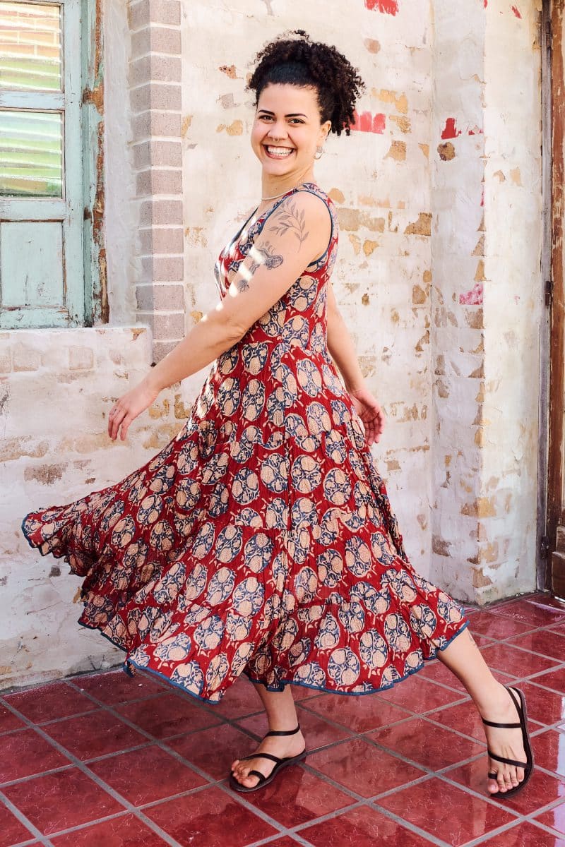Womens, midi, Flamenco Dress, sleeveless, 100% Cotton, hand block print. Red - Pomeray