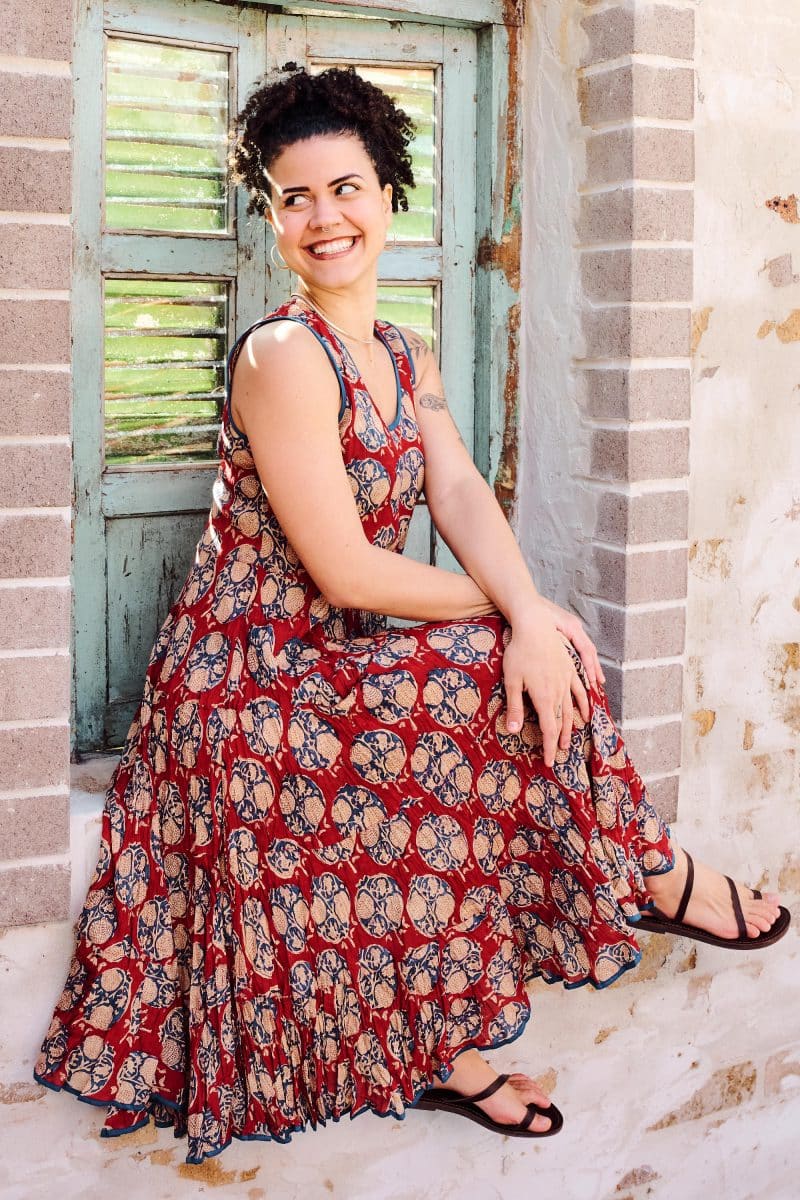 Womens, midi, Flamenco Dress, sleeveless, 100% Cotton, hand block print. Red - Pomeray