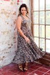 Womens, midi, Flamenco Dress, sleeveless, 100% Cotton, hand block print. Natural earth tones - Kassis Suri