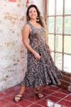 Womens, midi, Flamenco Dress, sleeveless, 100% Cotton, hand block print. Natural earth tones - Kassis Suri